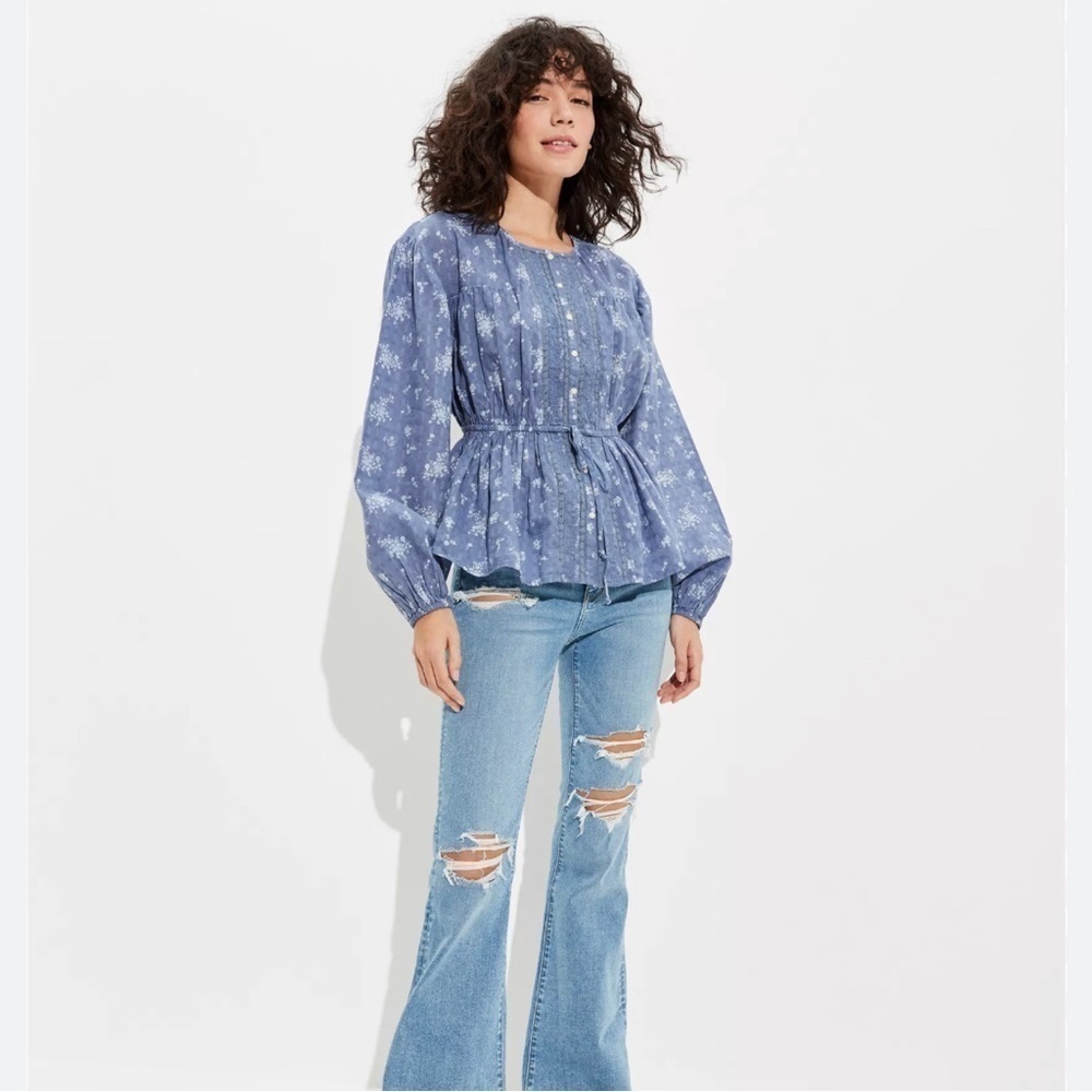 American Eagle Outfitters Blue Floral Peasant Blouse